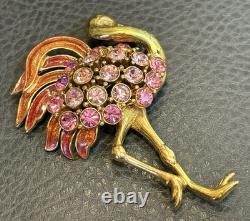 Vintage Trifari Signed Flamingo Brooch Pink Rhinestone Crystal Gold Tone READ