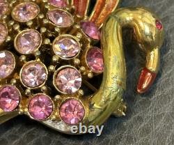 Vintage Trifari Signed Flamingo Brooch Pink Rhinestone Crystal Gold Tone READ