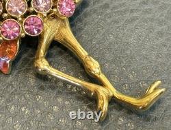 Vintage Trifari Signed Flamingo Brooch Pink Rhinestone Crystal Gold Tone READ
