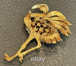 Vintage Trifari Signed Flamingo Brooch Pink Rhinestone Crystal Gold Tone READ