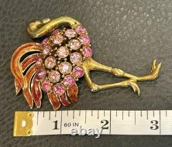 Vintage Trifari Signed Flamingo Brooch Pink Rhinestone Crystal Gold Tone READ