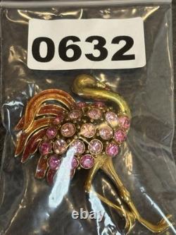 Vintage Trifari Signed Flamingo Brooch Pink Rhinestone Crystal Gold Tone READ