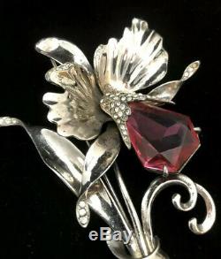 Vintage Trifari Sterling Silver Lucite Jelly Brooch Orchid Flower Rhinestone