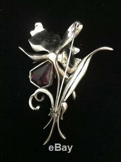 Vintage Trifari Sterling Silver Lucite Jelly Brooch Orchid Flower Rhinestone
