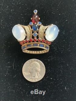 Vintage Trifari Sterling Silver Moonstone Sapphire Ruby Rhinestone Crown Brooch
