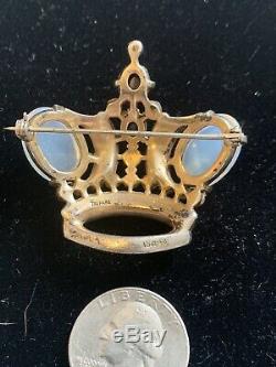 Vintage Trifari Sterling Silver Moonstone Sapphire Ruby Rhinestone Crown Brooch
