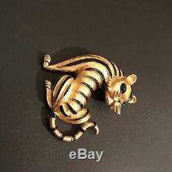 Vintage Trifari TM Brushed Gold Tone Enamel Rhinestone Figural Tiger Pin Brooch