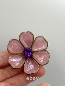 Vintage Trifari Unsigned Fur Clip Pink Gripoix Glass Purple Rhinestone Flower