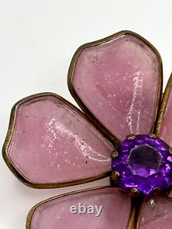 Vintage Trifari Unsigned Fur Clip Pink Gripoix Glass Purple Rhinestone Flower