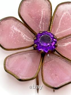 Vintage Trifari Unsigned Fur Clip Pink Gripoix Glass Purple Rhinestone Flower