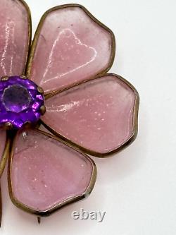 Vintage Trifari Unsigned Fur Clip Pink Gripoix Glass Purple Rhinestone Flower