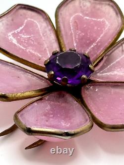 Vintage Trifari Unsigned Fur Clip Pink Gripoix Glass Purple Rhinestone Flower