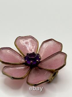 Vintage Trifari Unsigned Fur Clip Pink Gripoix Glass Purple Rhinestone Flower