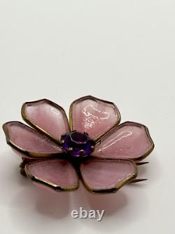 Vintage Trifari Unsigned Fur Clip Pink Gripoix Glass Purple Rhinestone Flower