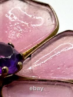 Vintage Trifari Unsigned Fur Clip Pink Gripoix Glass Purple Rhinestone Flower