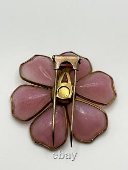 Vintage Trifari Unsigned Fur Clip Pink Gripoix Glass Purple Rhinestone Flower