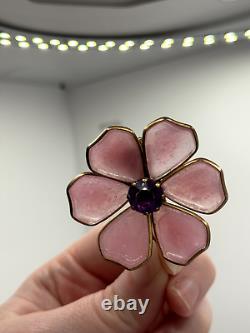 Vintage Trifari Unsigned Fur Clip Pink Gripoix Glass Purple Rhinestone Flower