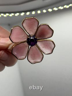 Vintage Trifari Unsigned Fur Clip Pink Gripoix Glass Purple Rhinestone Flower