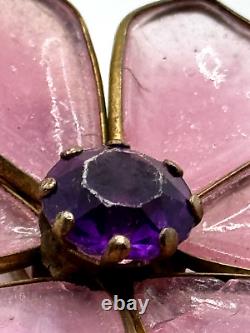 Vintage Trifari Unsigned Fur Clip Pink Gripoix Glass Purple Rhinestone Flower