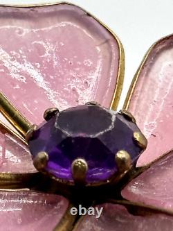 Vintage Trifari Unsigned Fur Clip Pink Gripoix Glass Purple Rhinestone Flower