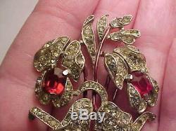 Vintage Trifari red and clear rhinestone flower pin / brooch