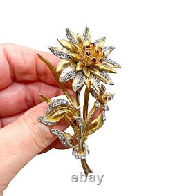 Vintage Two Tone Trembler Flower Brooch with Red and Clear Rhinestones