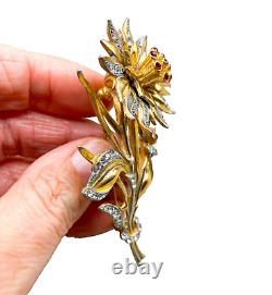 Vintage Two Tone Trembler Flower Brooch with Red and Clear Rhinestones