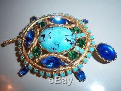 Vintage Uns Schreiner Turquoise Rhinestone Turtle Brooch Pin Pendant