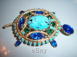 Vintage Uns Schreiner Turquoise Rhinestone Turtle Brooch Pin Pendant