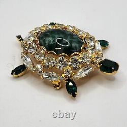 Vintage Unsigned Alice Caviness Turtle Brooch Green Rhinestone Gold Tone