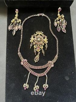 Vintage Unsigned Florenza Dangle Rhinestone Faux Opal Brooch Necklace & Earrings
