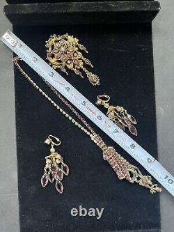 Vintage Unsigned Florenza Dangle Rhinestone Faux Opal Brooch Necklace & Earrings