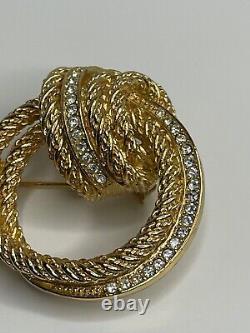 Vintage Unsigned Henkel & Grosse Dior Knot Rhinestone Crystal Gold Tone Brooch