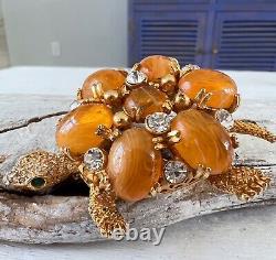 Vintage Unsigned High End Domed Amber Rhinestone Turtle Brooch Figural Pin #43