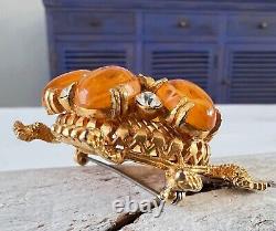 Vintage Unsigned High End Domed Amber Rhinestone Turtle Brooch Figural Pin #43