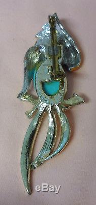 Vintage Unsigned JOMAZ Turquoise Cabochon Rhinestone Parrot Figural Pin Brooch