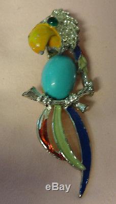Vintage Unsigned JOMAZ Turquoise Cabochon Rhinestone Parrot Figural Pin Brooch