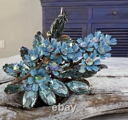 Vintage Unsigned Rhinestone Embellished Leaves Blue Floral Flower Brooch Pin #34