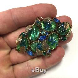 Vintage Unsigned SCHREINER Green Blue ART GLASS & Rhinestone Brooch Gold CC53t