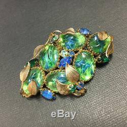 Vintage Unsigned SCHREINER Green Blue ART GLASS & Rhinestone Brooch Gold CC53t