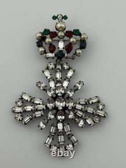 Vintage Unsigned Schreiner Rhinestone Crown Maltese Cross Brooch Pin