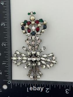 Vintage Unsigned Schreiner Rhinestone Crown Maltese Cross Brooch Pin