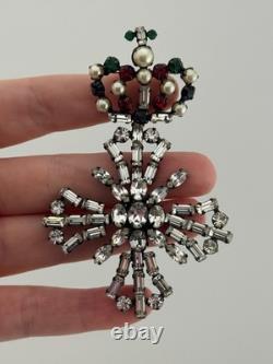 Vintage Unsigned Schreiner Rhinestone Crown Maltese Cross Brooch Pin