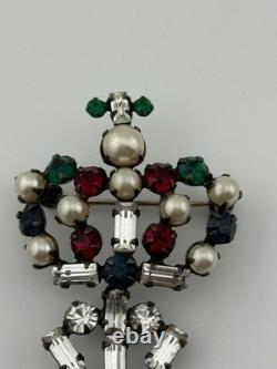 Vintage Unsigned Schreiner Rhinestone Crown Maltese Cross Brooch Pin