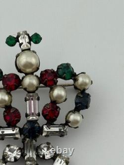 Vintage Unsigned Schreiner Rhinestone Crown Maltese Cross Brooch Pin