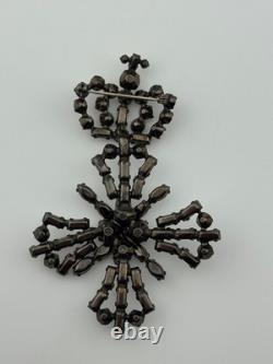 Vintage Unsigned Schreiner Rhinestone Crown Maltese Cross Brooch Pin