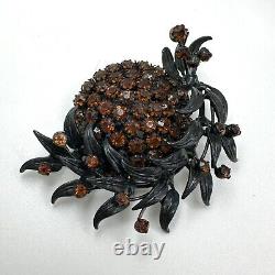 Vintage VENDOME By Coro Black Japanned Spray Flower Leaf Brooch Amber Signed