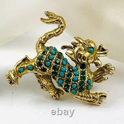 Vintage VENDOME Signed Faux Turquoise Green Rhinestone Gold Tone Dragon Brooch