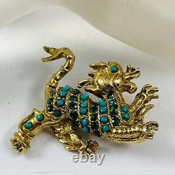 Vintage VENDOME Signed Faux Turquoise Green Rhinestone Gold Tone Dragon Brooch