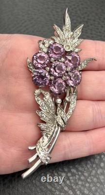 Vintage VTG Reja Faux Amethyst Rhinestone Flower Bouquet Brooch Silver